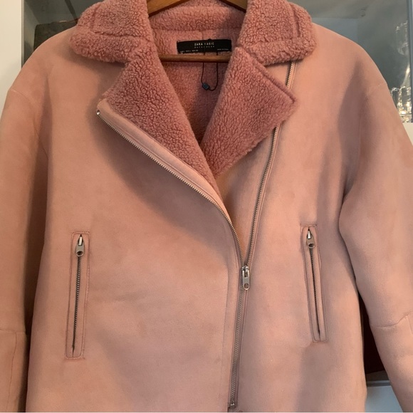 Zara Faux Suede Shearling Winter Moto Jacket Size L - Picture 6 of 9